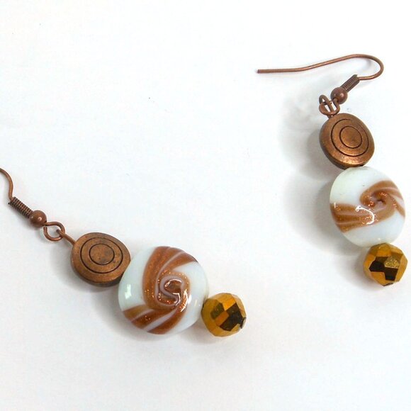 Handmade Copper Tone Glass Swirl Dangle Earrings Boho Festival Jewelry 2 1/8" - Picture 2 of 5